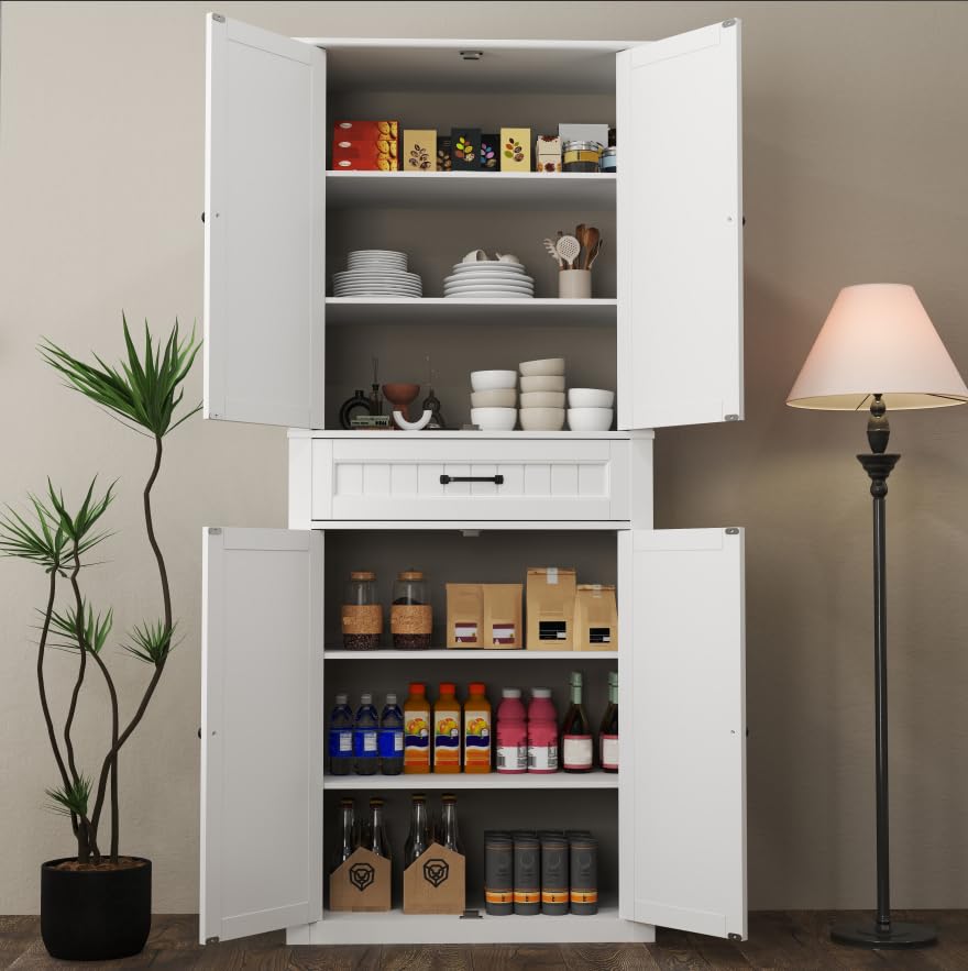 Sponsored Ad - Gizoon 71'' Kitchen Pantry Storage Cabinet, Freestanding Pantry Organizers and Storage Cabinet with 4 Doors and 4 Adjustable Shelves, Tall Cabinet with Large Drawer for Kitchen, Living Room, Bathroom