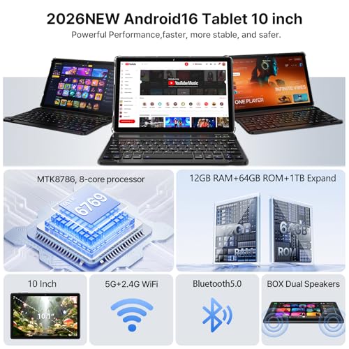 Image of Android 16 Tablet 2026 10 Inch Tablet Octa-Core Processor AI Gemini 12GB RAM + 64GB ROM + 1TB Expand,7000mAh Battery,5GWiFi,8+13MP Camera 2in1 Tablets with Keyboard,Case,Mouse,Stylus