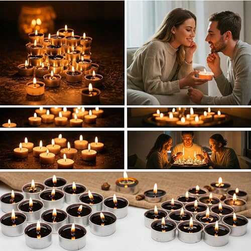 Image of Unscented Tea Light Candles | Soy Wax Blend Long-Lasting with Cotton Wick | Perfect for Home Decor, Parties, Weddings, and More | Set of 100 (Black)