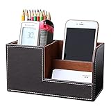 KINGFOM PU Leather Desk Organizer Pen Pencil Holder Business Name Cards Remote Control Holder Brown