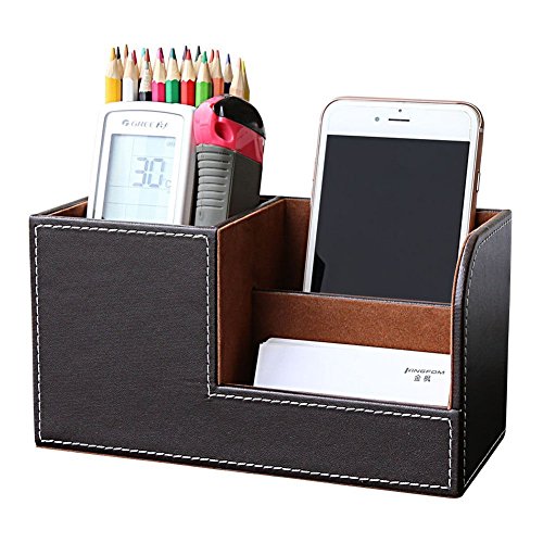 KINGFOM Desk Organizer Office Supplies Caddy Pu Leather Multi-function Storage Box Pen/Pencil,Cell phone, Business Name Cards Remote Control Holder Brown