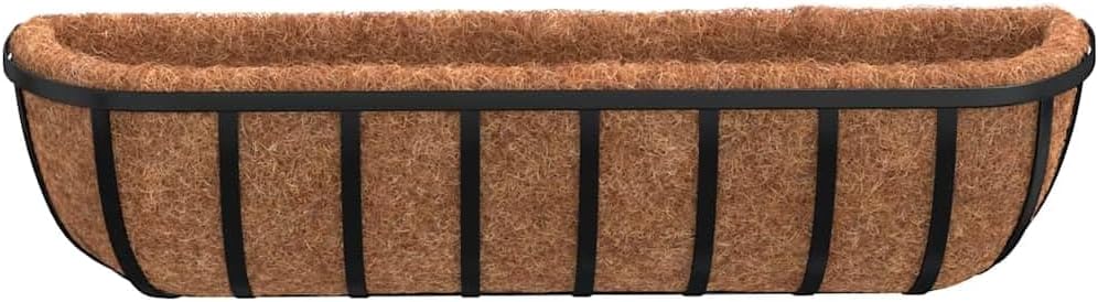 vidaXL Black Steel Wall Troughs with Coco Liners - 2 Pc Set, Wall/Mounted Hanging Planters for Garden, Balcony, Terrace, 24"x7.5"x6.3"