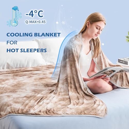 Image of EMME Cooling Blanket Queen Size (90 inchx90 inch), Q-Max 0.5 Cooling Blankets for Hot Sleepers, Ice Summer Blanket for Nights Sweats, Khaki Lightweight Sheet for Bed
