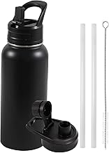 Insulated Water Bottle, 32oz Vacuum Stainless Steel Metal Sports Water Bottles with Stickers, Straw & Spout Lid (2 Lids), Double Walled to Keeps Hot and Cold, Leak Proof, BPA-Free, 32oz (Black)