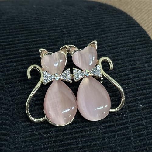 Image of Pink Heart Cat Animal Rhinestone Brooch Pin for Women Girls Gold Plated Fashion Crystal Love Hearted Cat's Eye Couple Kitten Brooches Lapel Pins Cute Dress Accessories Birthday Holiday Jewelry Gift