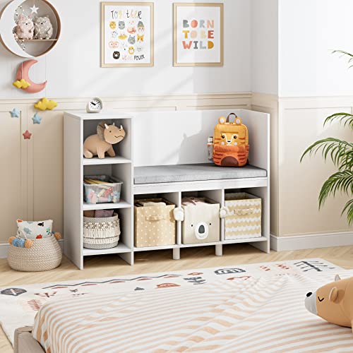Housuit Kids Bookcase With Reading Nook, 6-Cubby Bookshelf With Removable Seat Cushion, Storage Organizer With Adjustable Shelf For Playroom, Bedroom, Entryway, 43.3" L X 15.7" D X 31.7" H, White #TOP3