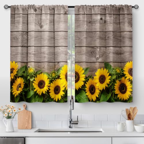 Aimego Wooden Barn Door Kitchen Curtains - Sunflower Rustic Country Wood Vintage Floral Short Cafe Tier Curtains Decor Farmhouse Retro Rod Pocket Window Drapes 36 Inch Length 2 Panel Set, 28"x36"