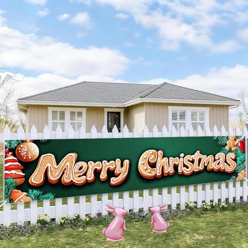 Image of Gingerbread Letter Christmas Banner 78.7 x 17.7 Inch Cookie Text with Christmas Tree Ornament and Snowflake Design Festive Holiday Decoration for Yard Fence Garden or Indoor Wall Display