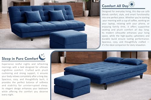 Image of Rosebell Modern Three-Seater Sofa Cum Bed - Foldable Velevt Fabric Sofa, Foam Seating, Stylish Design for Living Room, Guest Room & Office - Blue Color