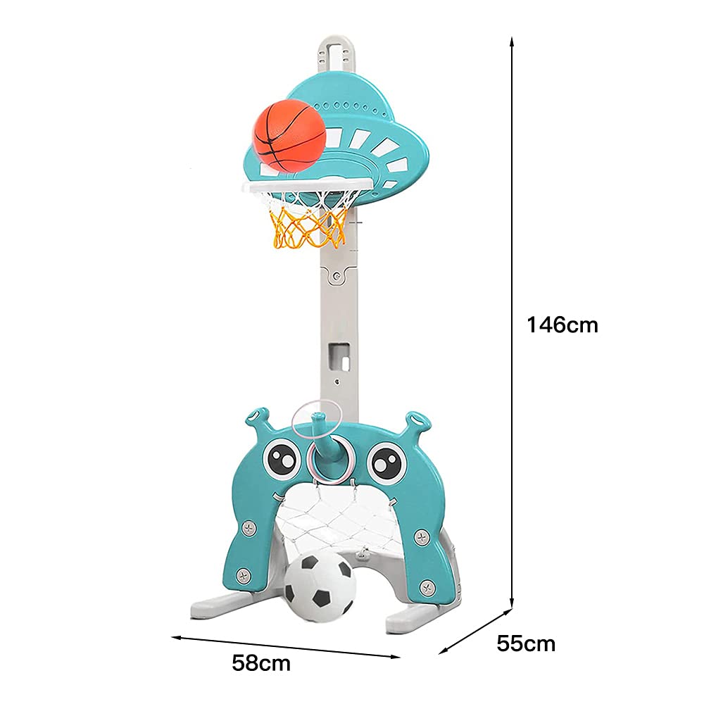 HUOLE Ensemble de Basket 3-en-1, Hauteur Ajustables Inclus Jeu de Basketball, Football et Golf, Support de Jeu UFO surélevé et renforcé (Basket, Football, Golf, Ring, Pompe) Bleu Clair