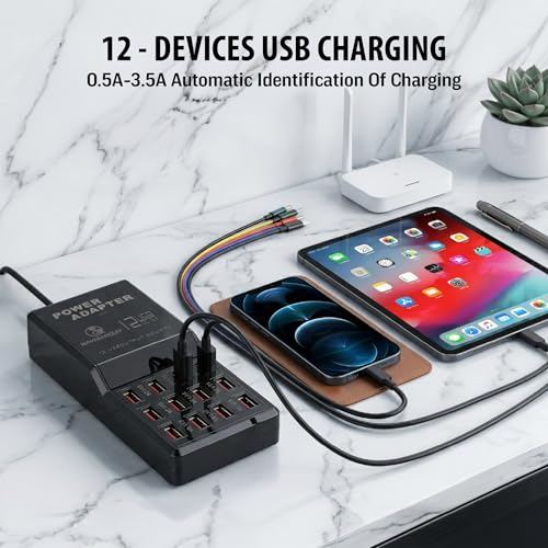 Image of 12-Port USB Charging Station for Multiple Devices-Portable Fast USB Charging Hub Compatible with iPhone, Android, Tablet, AirPds & More-Compact Charger Block for Home, Office