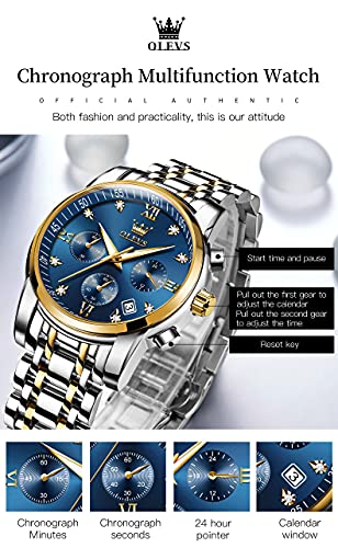 Image of OLEVS Men's Business Watch With Date, Luminous Quartz Movement, Waterproof Stainless Steel Strap, Stopwatch Timing Function - Silver Band, Gold Case, Blue Dial, Classic