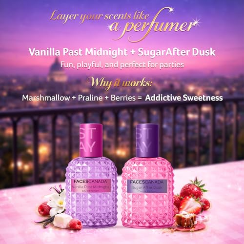 Image of FACES CANADA STAY Vanilla Past Midnight Eau de Parfum Mini for Women, 20ml | Long-Lasting Sweet Gourmand Perfume with Caramel, Vanilla, Tonka & Sandalwood |Gifts for Women | Premium Fragrance