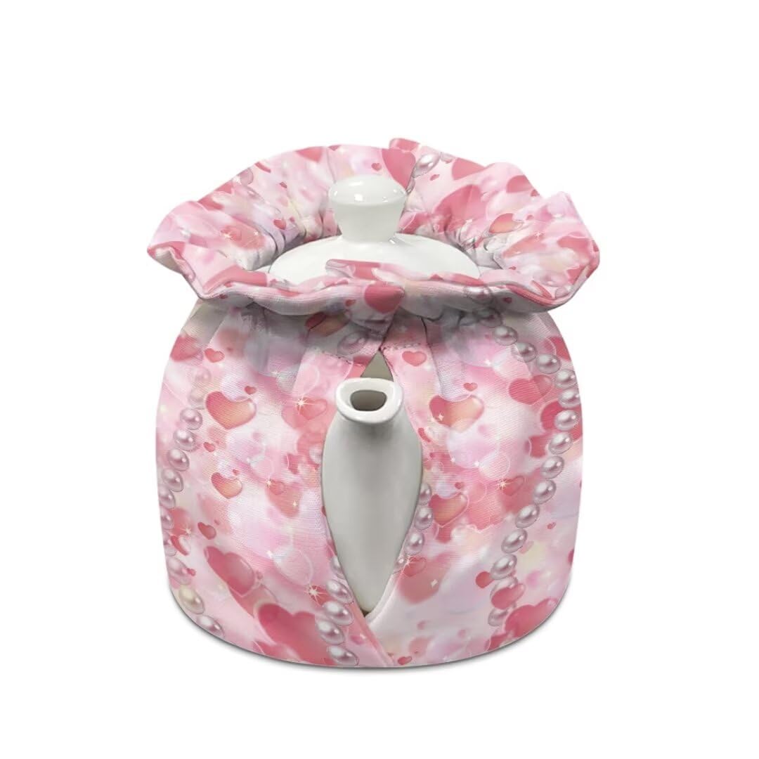 Youngerbaby Pink Hearts Tea Cosy Kitchen Home Decorative Tea Pot Pouch Home Kitchen Decor Universal Fit Keep Warm Coffee Pot Cover Valentine's Day Gift