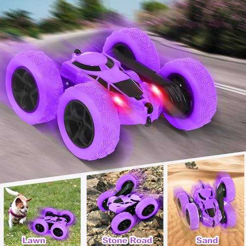 MidiVix Ferngesteuertes Auto, 90 Min Spielzeit, 2.4Ghz Doppelseitig 360° drehbare RC Stunt Crawler mit Scheinwerfern, 4WD Off Road Drift RC Auto Spielzeug Geschenke für Jungen 6-12 Lila