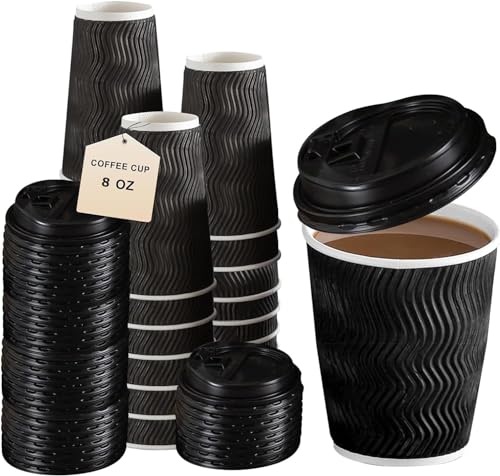 VesVas【耐熱】コーヒー カップ 紙コップ 蓋付き 100個セット 500ml 三重断熱 厚紙 使い捨て コーヒー ホットドリンク 対応 テイクアウト カフェ 業務用 ペーパーカップ (蓋付きブラック,300ml)