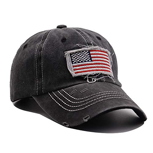 Manmesh Hatt American Flag Hat, Usa Baseball Cap Embroidered Adjustable Denim Distressed Dad Hats Outdoor Activities (American Flag Black, One Size) #TOP2