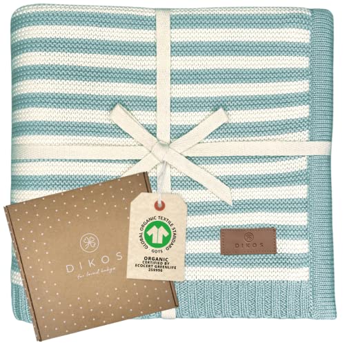 DIKOS® Babydecke mit Streifen Mint/Creme | kuschelweiche Neugeborenen Decke aus gestrickter Bio-Baumwolle (GOTS, Oko-TEX 100) Mädchen/Jungen | Perfekt als Baby Erstausstattung & Geschenk zur Geburt