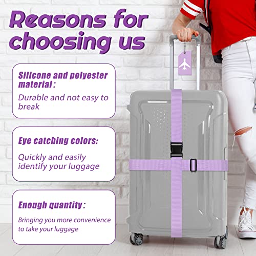 Image of Weewooday 8 Pcs Luggage Straps Suitcase Tags Set for TSA Approved, 4 Travel Adjustable Suitcase Belt, 4 Silicone Luggage Tags with Name ID Card Travel Accessories(Light Purple,Airplane)