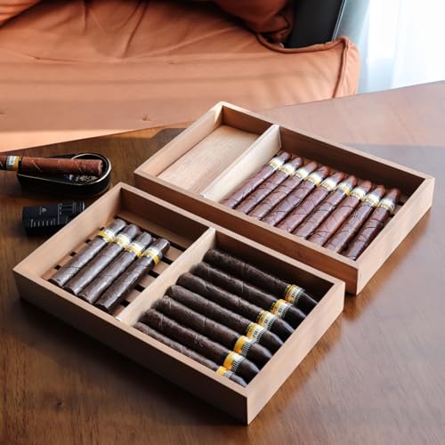 Image of Woho 2pcs Spanish Cedar Cigar Tray with Adjustable Divider & 12 Count Sheets, Open Cedar Cigar Trays with Scent for Cigar Organization /Storage /Aging, Cigar Tray for Large Cigar Humidor (12 inchX7 inchX1.57 inch)