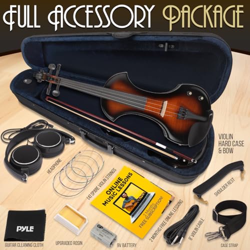 image for Pyle Full Size Electric Violin, 4/4 Solid Wood Silent Fiddle, with Amp