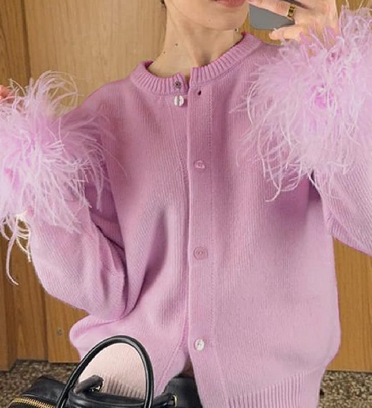 Womens Feather Trim Cardigan Knit Button Down Long Sleeve Crop Sweater Tops Holiday Rave Fur Trim Jacket - Image 5