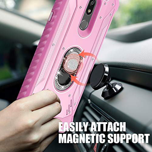 Tjs Phone Case Compatible With Lg K40/K12 Plus/X4/Solo Lte/Harmony 3/Xpression Plus 2, [Full Coverage Tempered Glass Screen Protector] Aluminum Ring Magnetic Support Diamond Metal (Pink) #TOP6