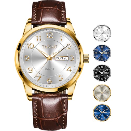 Taxau �����Y �h���X�E�H�b�` �h�� ���U�[�E�H�b�` ���t�t�� ���O�W���A���[ ���[�W �A���r�A���� �A�i���O �N�H�[�c �N���V�b�N ���U�[ �r���v �ǂ݂₷�� relojes para Hombres, G8405-�S�[���h�z���C�g�B, round,