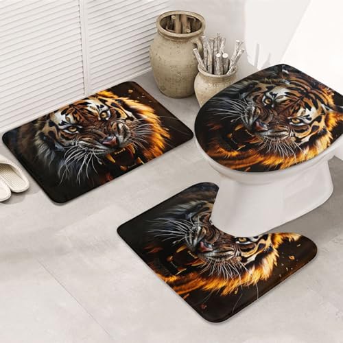 Dwrepo Ferocious Tiger Print Bathroom Rug Set 3 Piece with Non-Slip U-Shaped Contour Mat and Toilet Lid Cover for Bathroom Decoration