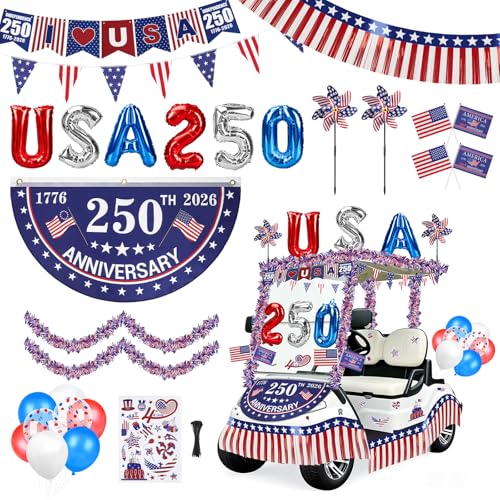 Tryly 4th of July Golf Cart Decorations Kit 250th Patriotic Parade Golf Cart Decor 250th Banner Fan Flags Foil Fringe Garland Pinwheels and More with 1776-2026 for Independence Day Memorial Day
