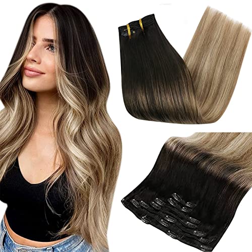 Full Shine Clip in Hair Extensions Real Human Hair Black Ombre Hair Extensions Clip ins Off Black to Ash Brown Mix Light Blonde Clip in Real Human Hair Double Weft Hair 7 Pcs 120 Gram 20 Inch