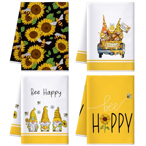 Tegeme 4 Pcs Summer Bee Kitchen Tea Towels Honeycomb,Brown Yellow,Truck