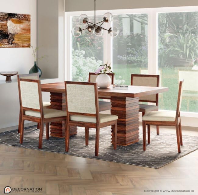 Image of DecorNation Olivia Solid Wooden 6 Seater Dining Table Set with Extra Wide Chairs | Cushioned Seating | Large Rectangular Dining Table | Premium Modern Dining Furniture for Home