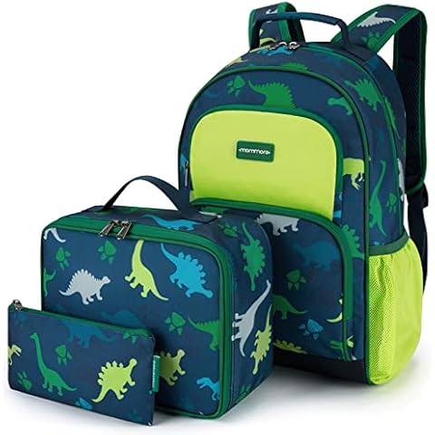 mommore Kids Backpack Set, Dinosaur Backpack for Kids Lightweight Elementary Bookbag for Students School backpack for Children with Chest Strap Water Resistant,3pcs green Cover
