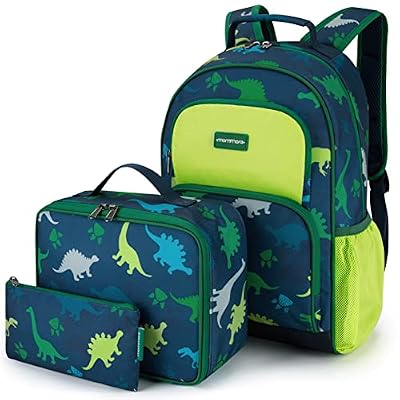 mommore Kids Backpack for Boys, Toddler Backpack for Preschool Kindergarten Elementary Lightweight Bookbag for Students with Lunch Box (3PCS, Dinosaur Green)