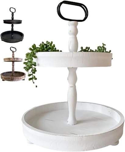 Hermosa bandeja decorativa de madera blanca envejecida de dos niveles, soporte de bandeja escalonada, bandeja de dos niveles, bandeja de madera de 2
