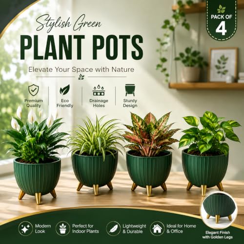 Image of (7 Inch) Plastic Gamala for Indoor Outdoor Plants with Stand, planters for Home Decor, Flower Pot with Legs, Flower Pot for Living Room, Garden, Pot for Office Table & Home (Green, 4)