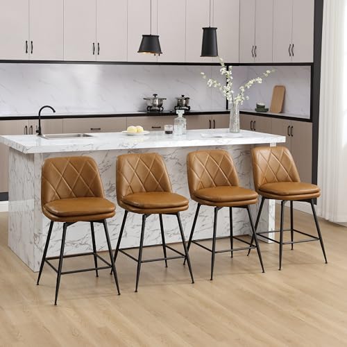 Image of Swivel Bar Stools Set of 4, Swivel Counter Height Bar Stools Set with Metal Legs and Upholstered Faux-Leather Seats, Modern Bar Stool with Back for Kitchen Island (A29 H, Brown)