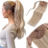 LAAVOO Ponytail Extension Human Hair Blonde Wrap Around 16 Inch Ash Blonde Highlighted With Light...