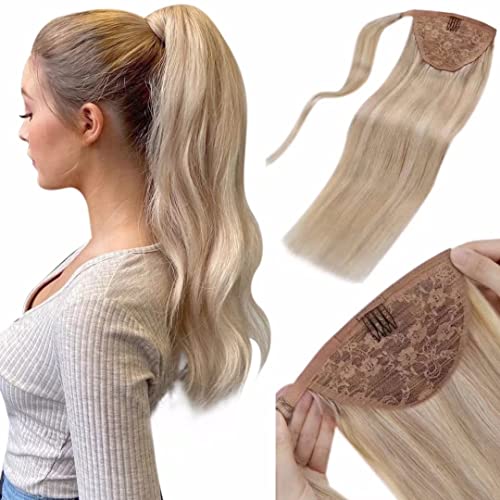 LAAVOO Blonde Ponytail Extension Human Hair Ash Blonde Highlights with Light Blonde Hair Extensions Ponytail 12 Inch Wrap Around Human Hair One Piece Straight 70g/set