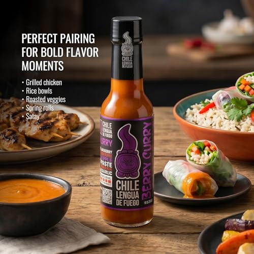 Image of Chile Lengua de Fuego Berry Curry - Mango, Berry & Thai Curry Hot Sauce, Sweet Heat, Medium, 5 oz Bottle (Pack of 2)