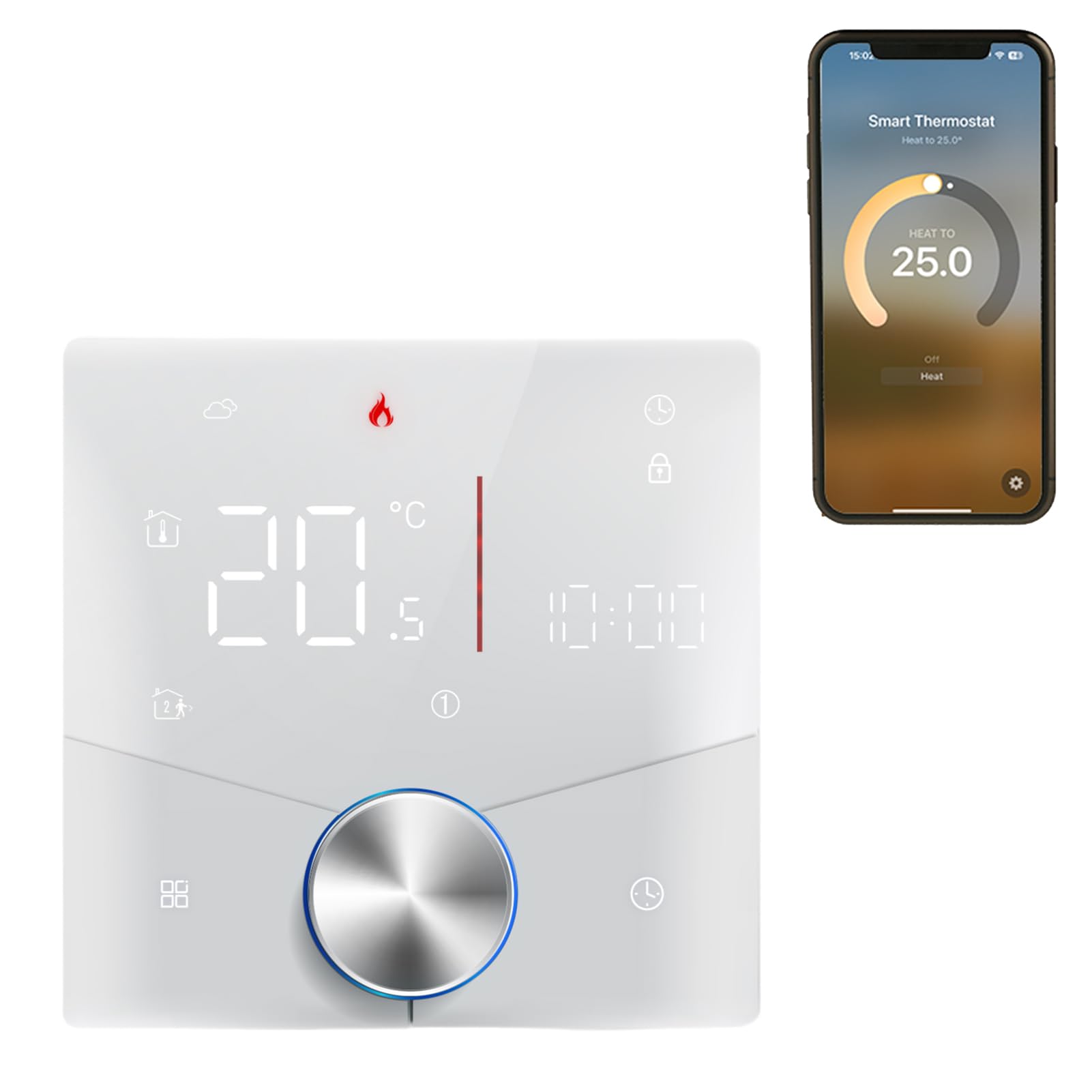 Kabelloser Matter-Thermostat für die Heizung von Wasser- und Gaskesseln zu Hause mit Touchscreen und Drehknopf, 7x6 wöchentlich programmierbar, kompatibel mit (Elektrische Heizung)