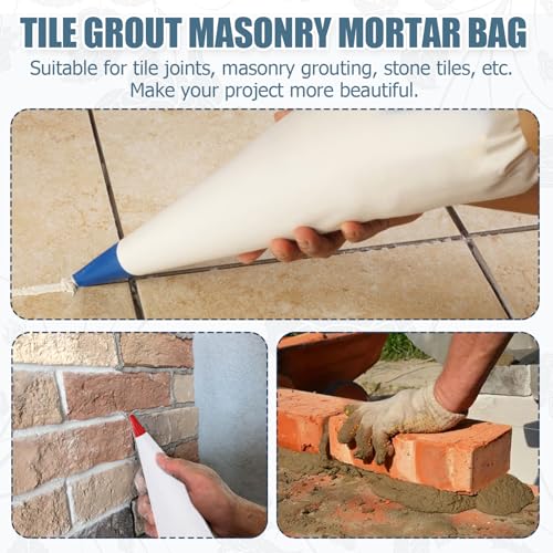 HARSKIYER 3 Pcs Tile Grout Masonry Mortar Bag with Brick Jointer and Tuck Pointers, 13 x 24 Inch Heavy Duty Tear Puncture Resistant Cement Bag, Caulking Bag for Masonry Tile Installation (Red Tip)