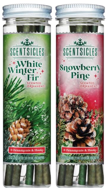 Scentsicles White Winter Fir and Snowberry Pine Scented Christmas Ornaments with Hooks - 2 Pack (2 Bottles, 12 Sticks Total)