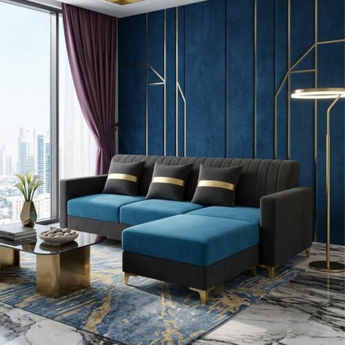 Image of CASASTYLE Signature Groovy 4-Seater L-Shape Sofa Set with Movable Ottoman | Flexible LHS /RHS Layout | Boston Fabric & Plush Cushions | 40D Foam + Zigzag Spring | 3-Yr Warranty (Dark Grey-Aqua Blue)