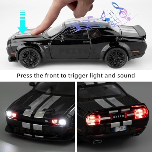 Image of 1:22 Dodge Challenger SRT Hellcat Die Cast Toy Car with Sound Light Pull Back Action Model Vehicle for Kids & Collectors Realistic Design Great Gift for Car Enthusiasts (Black)