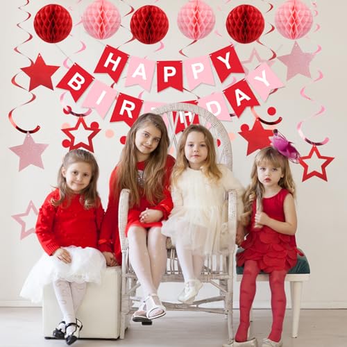 Image of Birthday Decorations Happy Birthday Banner with Honeycomb Balls | 16pcs Birthday Set: 1 Banner+6 Honeycomb Balls+8 Star Spirals+1 Circle Dots, Happy Birthday Decor - Red