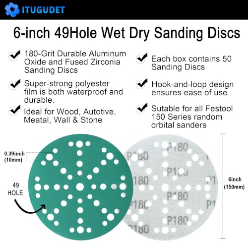 Image of TUGUDET 6 Inch 49 Hole Wet Dry P180 Grit Sanding Discs - 50 Pack Box | Fits Festool ETS / RO 150 Sanders, Zirconia Heavy-Duty Hook & Loop Film Sandpaper for Wood, Auto, Metal, Paint, Body & More