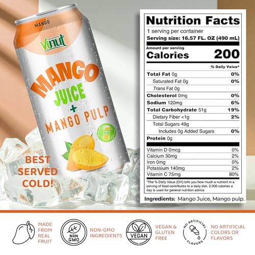 Image of Vinut 100% Mango Juice with Pulp (16.57 fl oz, Pack of 6), No Sugar Added, All Nature Mango Juice, Not From Concentrate, Gluten Free, GMO-Free, High Calcium, Iron