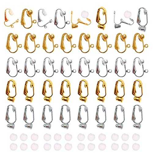 Gzingen Clip-on Earring Converters with Silicon Pads, 40 Pieces Non Pierced Ear Clips with Post Earring Components for DIY Earring Making, 3 Colors and 2 Clip Styles